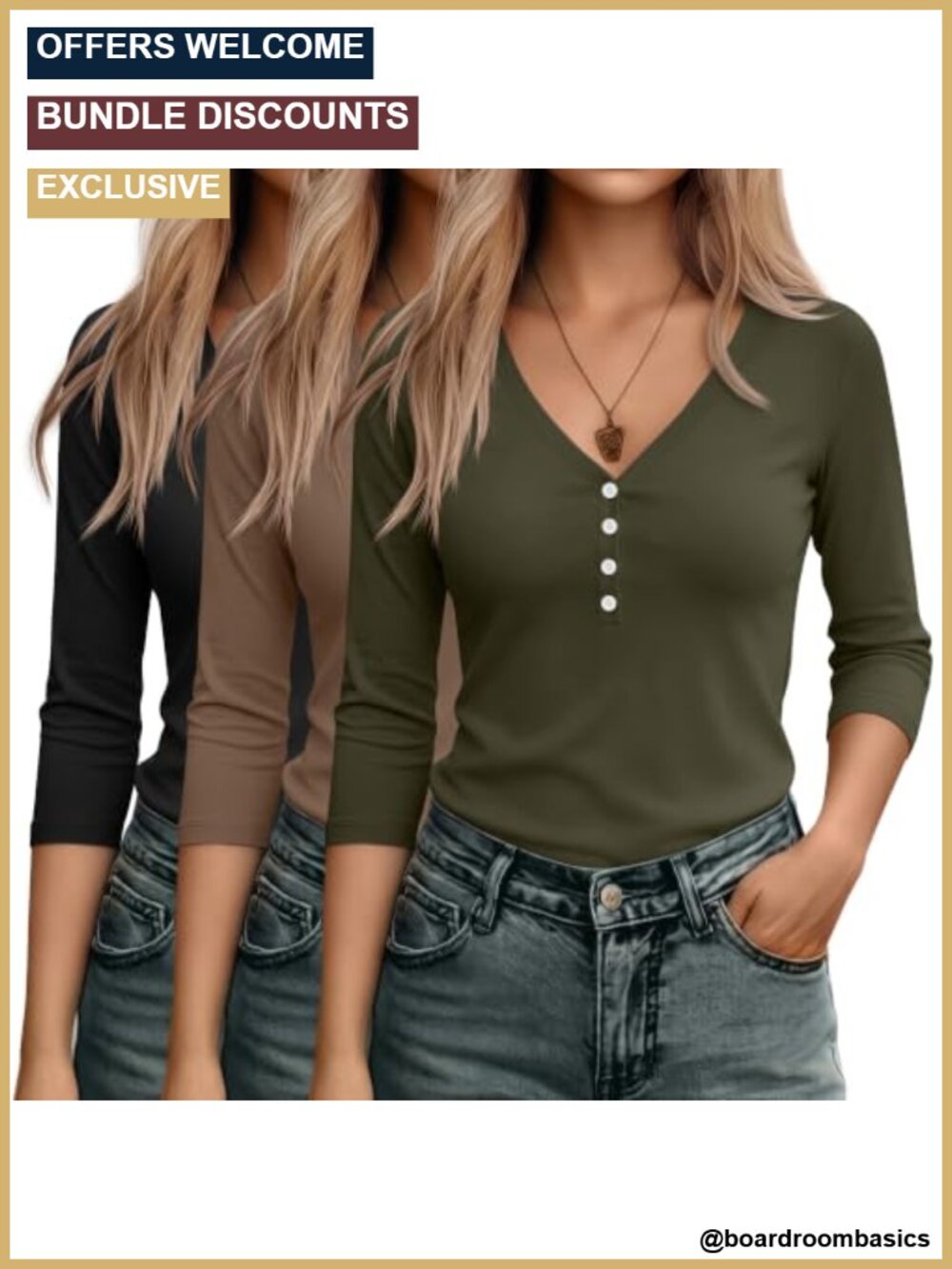 Women's 3/4 Sleeve V Neck Henley Tunic Tops 3 Pack Polyester Cotton Spandex